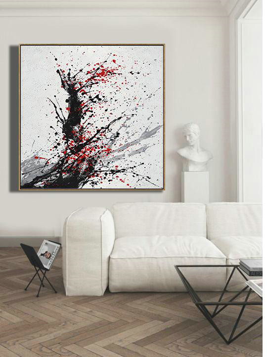 Extra Large Painting,Minimalist Drip Painting On Canvas, Black, White, Grey, Red - Hand Painted Acrylic Painting